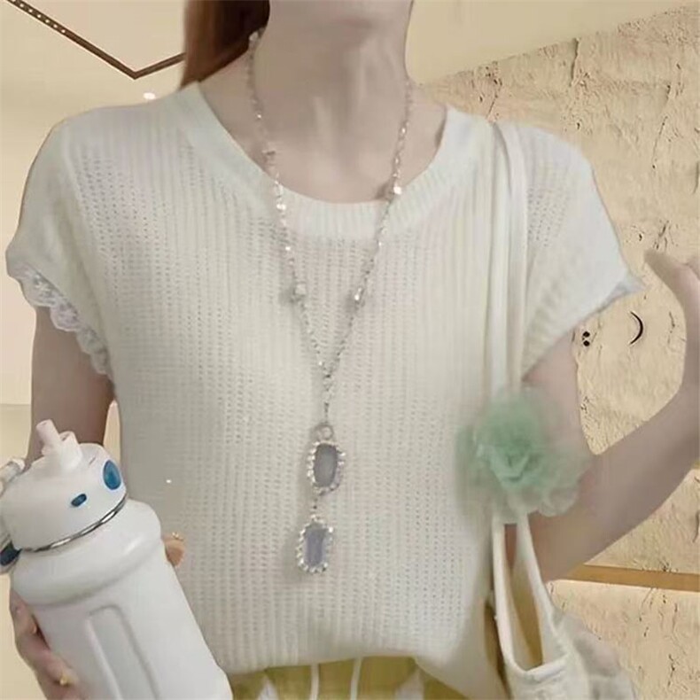 2025春季细看精仿羊毛衫女士圆领镂空短袖上衣套头蕾丝薄款打底,女装T恤,萱芳婷羊绒