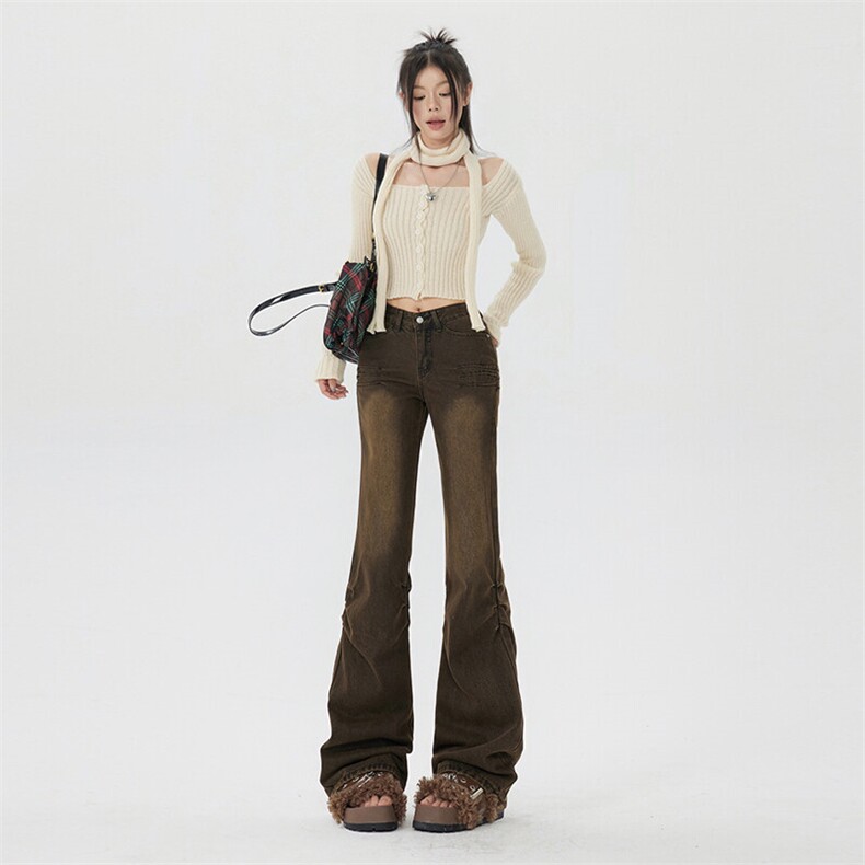 复古水洗微喇裤女新款褶皱设计显瘦百搭美式牛仔喇叭裤YD2126-P60，女装牛仔裤，星座509