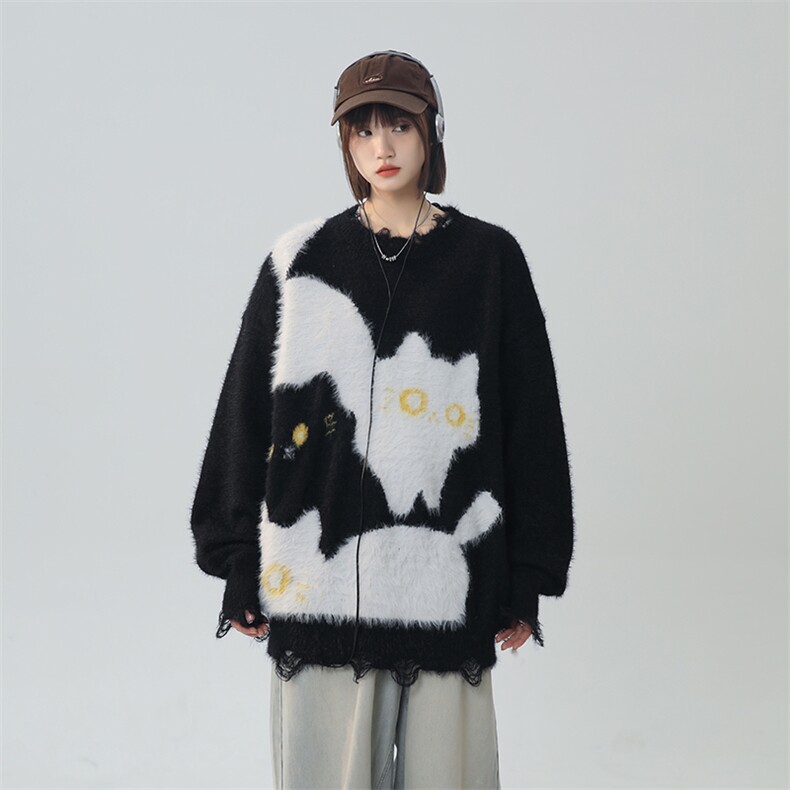 美式复古学院风猫猫趣味针织衫情侣毛衣XZ225-3-MY809-P80控98,男装针织衫/毛衣,星座225-3