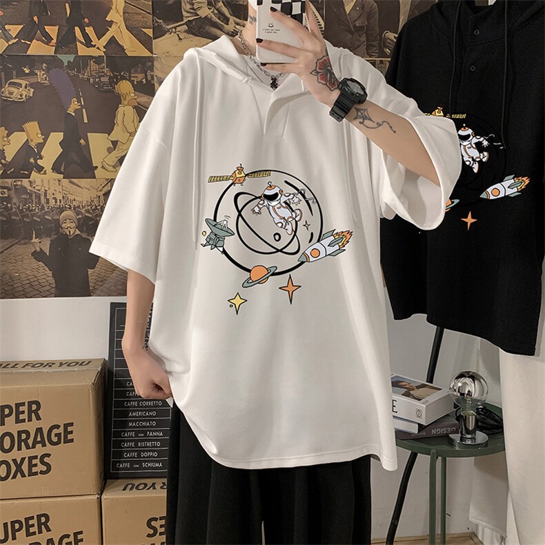 LD54142-P45 连帽短袖t恤男大码胖子带帽五分袖中袖 海报风图片
