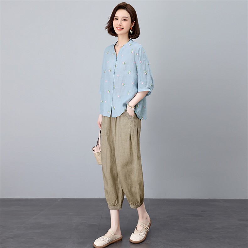 刺绣苎麻套装夏季2025新款休闲妈妈两件套,女装套装/套裙,忆绮罗