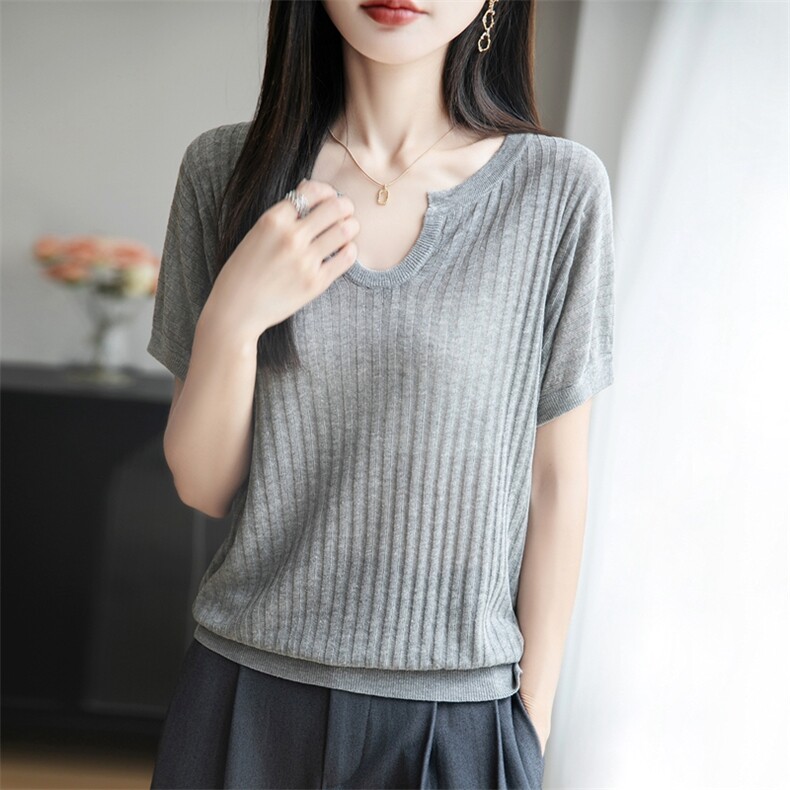 夏季款莱赛尔天丝针织短袖T恤女剪刀V领坑条上衣宽松半袖打底背心,针织衫/毛衣,暖烁特种纱工厂店