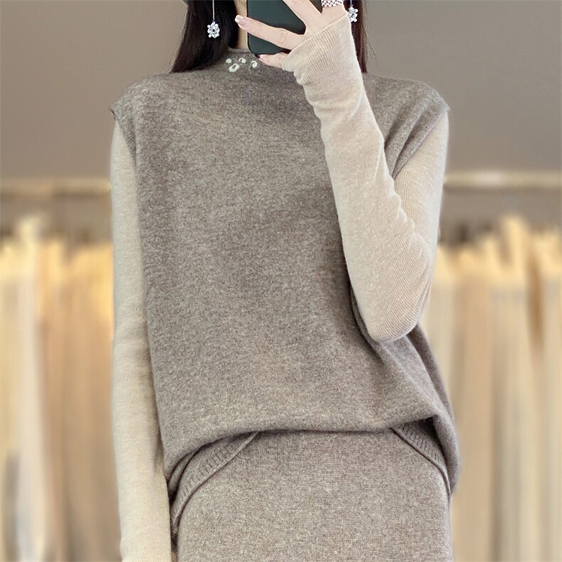 羊毛针织马甲女半高领宽松卷边无袖毛衣坎肩背心,女装马甲,江南羊绒