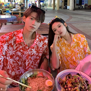 EQ401 夏威夷风冰丝衬衫情侣装夏季短袖沙滩旅游度假衬衣男女ins图片