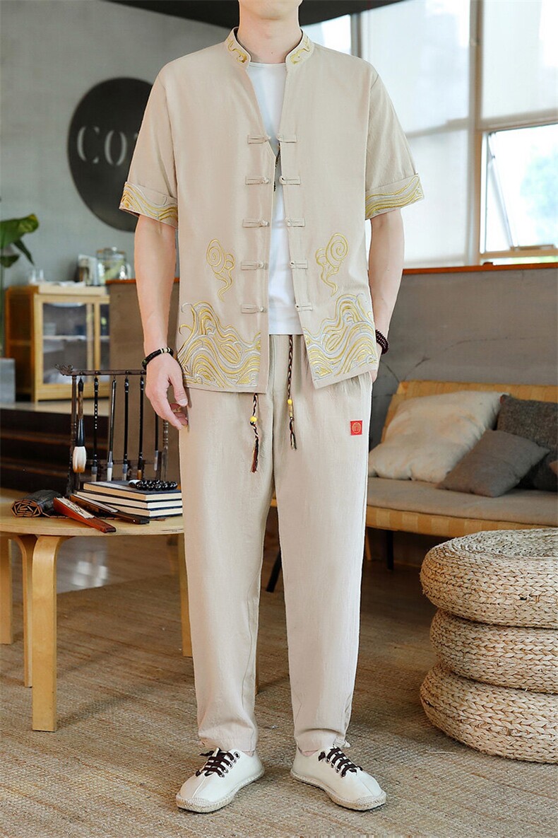 2025新款风男装夏季短袖开衫唐装男汉服套装一套-7717-P60,男装休闲套装,星座1105
