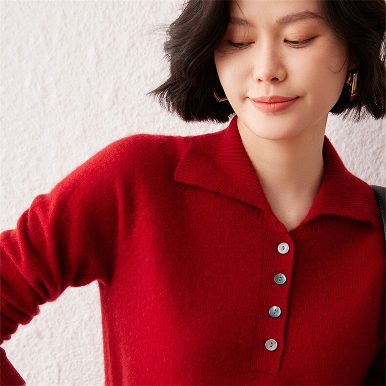 2024秋季新款翻领长袖时尚纯色女士套头35%羊绒衫通勤百搭,女装羊绒衫,雪真羊绒高端店