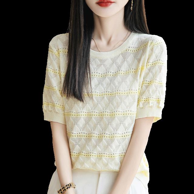 小香风圆领镂空2025夏季新款女装短袖T恤女宽松打底衫针织衫上衣,女装T恤,菲奥羊绒