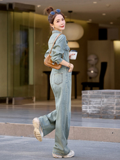 （新款现货）欧货复古西装2026春秋时尚炸街显瘦阔腿牛仔连体裤，女装连体裤，印象茜