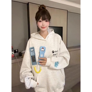 早秋穿搭魔术贴连帽卫衣女2025新款宽松休闲帽衫潮牌外套上衣图片