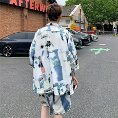 2025夏水墨画冰丝凉感短袖五分袖衬衫薄套装TZ5678/特P50浅蓝5，男装休闲套装，电商A094