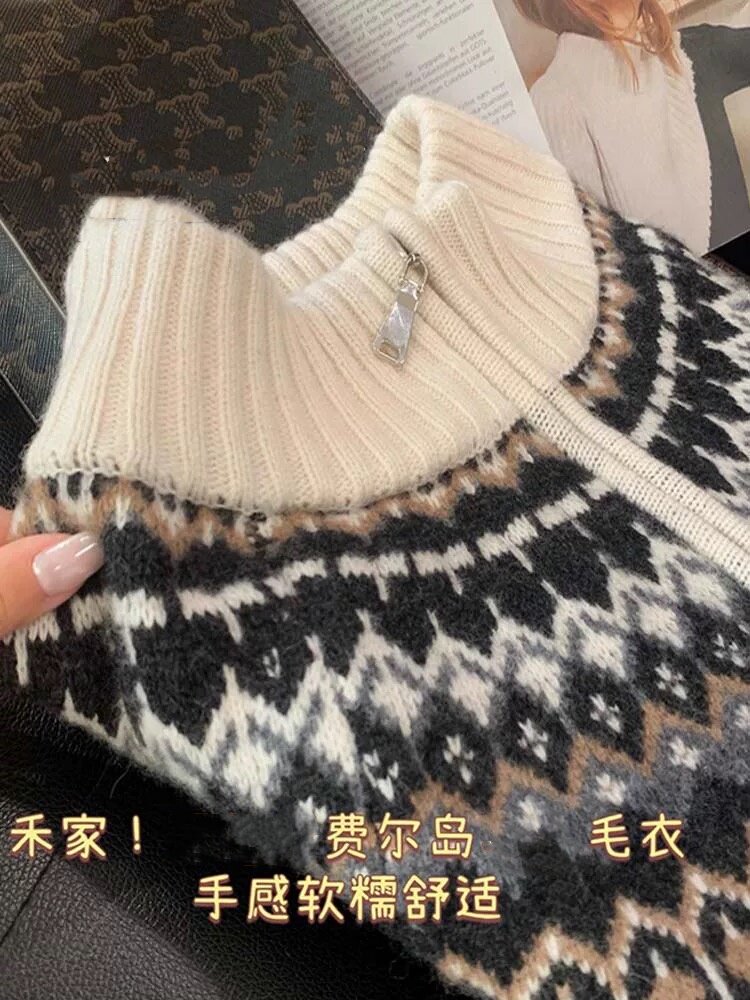 2024冬季新款羊毛衫费尔岛提花半拉链加厚保暖毛衣女英伦风,针织衫/毛衣,雪真羊绒