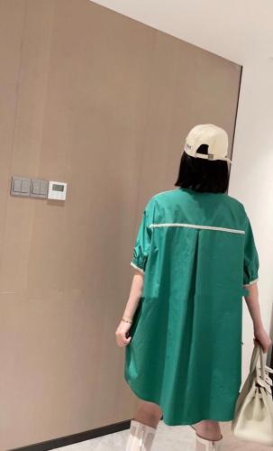 W890欧洲站2021夏季新款时尚袖拼边休闲衬衫连衣裙,女装衬衫,L·H·X