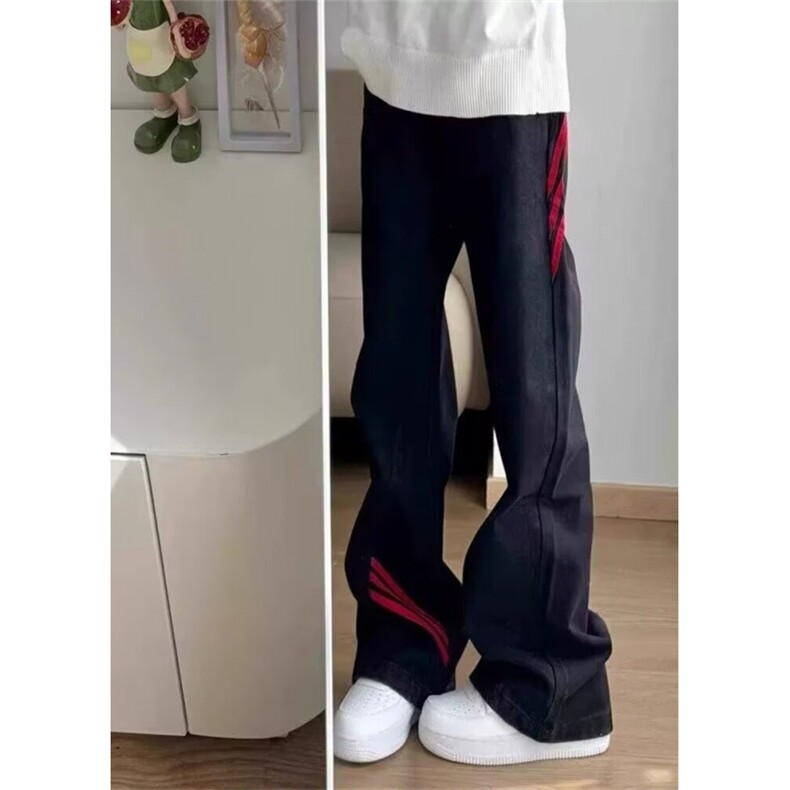 斜杠三条纹黑红撞色拼接显瘦微辣牛仔裤小众设计感高街NY751,男装牛仔裤,星座1116A（原606A-3）