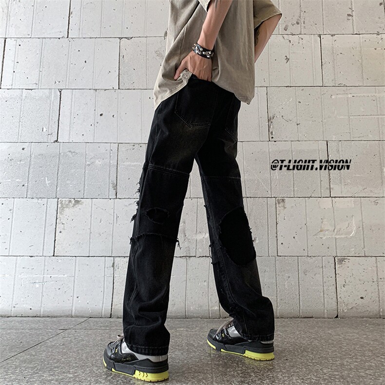 B221美式ins高街暗黑小众撞色破洞直筒牛仔裤LK23109-P65控88,男装牛仔裤,电商B221