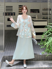 新中式国风优雅套装女2025夏季新款复古绣花长袖防晒吊带裙两件套，女装套装/套裙，浙宝192（原082）