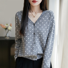 气质时尚百搭春款女士V领波点开衫长袖显瘦短袖针织衫软糯亲肤，女装针织衫/毛衣，暖烁羊绒