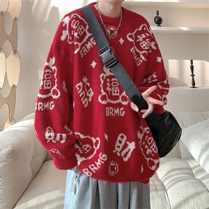 红色喜庆拼色福气毛衣男女同款针织衫休闲毛衣HY694TP50