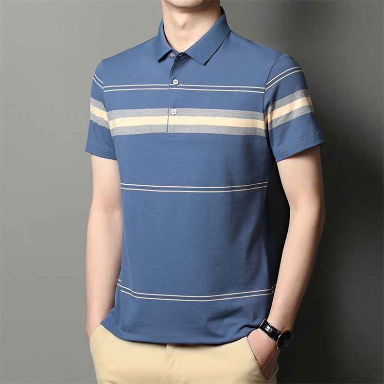 2023夏季新款短袖polo衫男翻领条纹T恤商务休闲中年爸爸夏装衣服图片