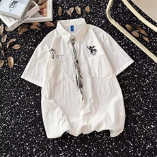 美式手绘领带设计白色短袖衬衫男女夏新款宽松衬衣外套CY1181-P32，男装T恤，星座412-3