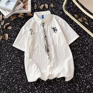 美式手绘领带设计白色短袖衬衫男女夏新款宽松衬衣外套CY1181-P32