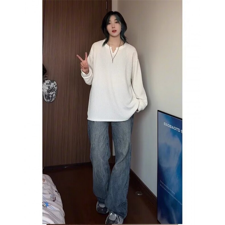 美式高街V领卫衣秋季简约休闲百搭肌理感重磅长袖T恤LWY088-p36图片