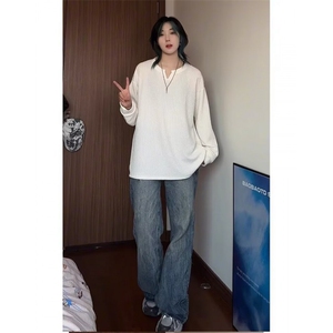 美式高街V领卫衣秋季简约休闲百搭肌理感重磅长袖T恤LWY088-p36图片