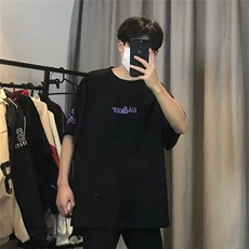 美式复古小火苗刺绣短袖T恤男女潮牌夏季新款宽松情侣上衣，男装T恤，星座1210-1