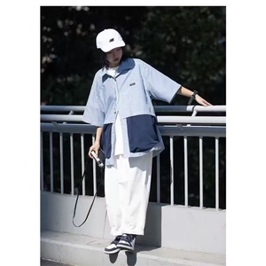原创拼色假两件潮流套装夏季男款大口袋设计感短袖衬衫撞色短裤图片