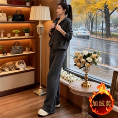 女秋冬季欧货时尚条纹休闲复古连帽开衫上衣宽松软糯直筒长裤套装，女装套装/套裙，2C310