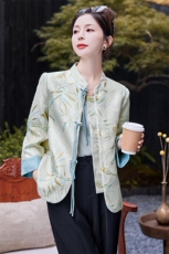 清冷风竹叶印花复古短外套女新中式立领流苏盘扣改良气质上衣，女装短外套，水衣源