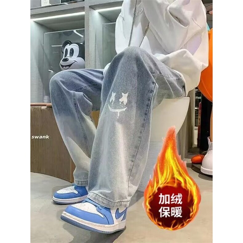 美式复古嘻哈高街男女印花弯刀阔腿牛仔裤宽松垂感加绒阔腿裤，男装牛仔裤，四季星座505