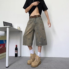 美式复古小狗刺绣牛仔七分裤男女款夏季宽松阔腿裤子D017-P48，男装牛仔裤，星座308B-1