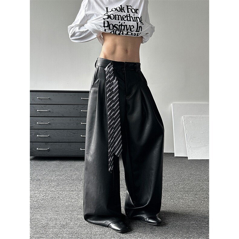 高品质条纹腰带PU皮西装阔腿裤男女高级感垂感拖地裤子PK11P75，男装西服套装，星座512-1（原513-3）