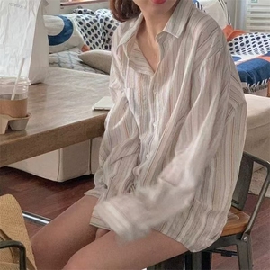 拉夏贝尔防晒条纹衬衫女夏季2025新款慵懒风宽松休闲长袖开衫上衣图片