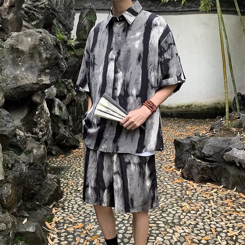 2024夏季冰丝薄款短袖衬衫短裤套装TZ13-P54,男装休闲套装,星座313A-2