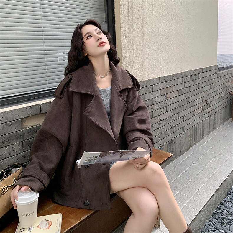 咖色麂皮绒短款风衣外套女2025秋新款韩系复古宽松小个子廓形大衣,女装短外套,浙宝276（原081）