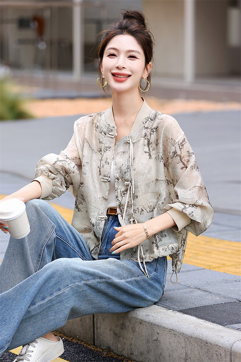 女士复古盘扣短外套夏季薄款新中式国风防晒衣女时尚宽松防晒衫仙,女装防晒衣,润尚靓点