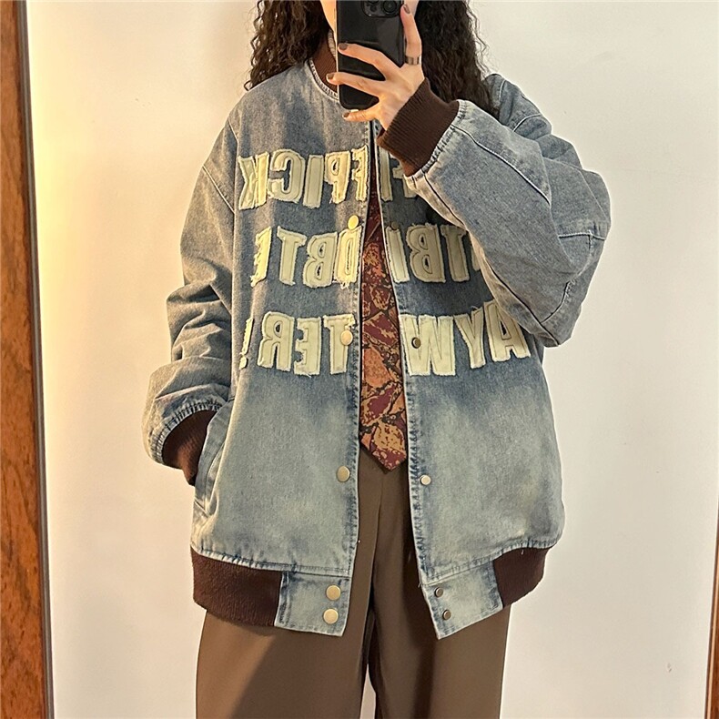 J3355-P70美式潮牌棒球服字母贴布牛仔外套男宽松春秋情侣撞色,男装工装外套,电商B323A
