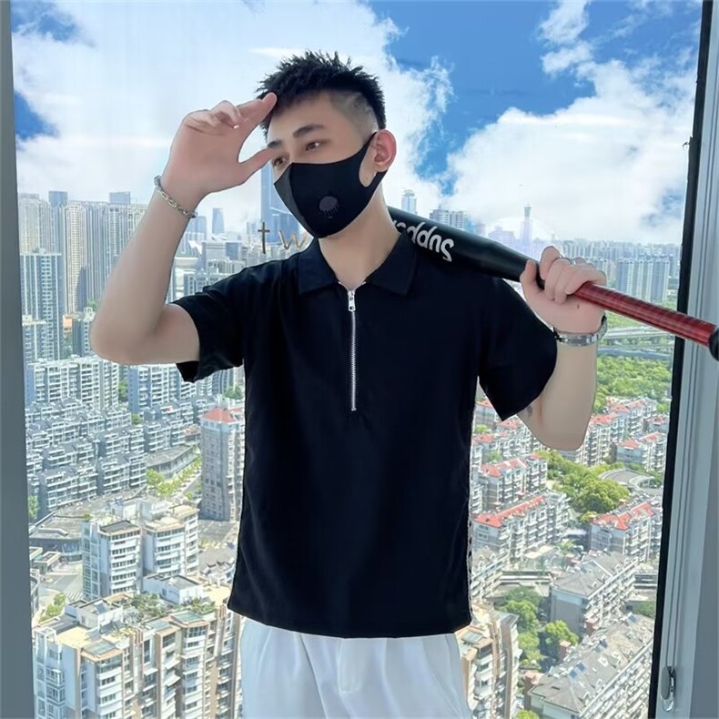 带拉链男士衬衫短袖冰丝T恤休闲痞帅夏季男装上衣半袖衬衣 T225图片