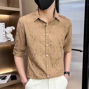 507A-CS532-P48 2025夏装时尚男士七分袖青年碎花衬衫修身衬衣图片