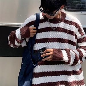 724-P43 条纹毛衣男士秋冬季慵懒风高级感日系宽松加厚针织衫图片