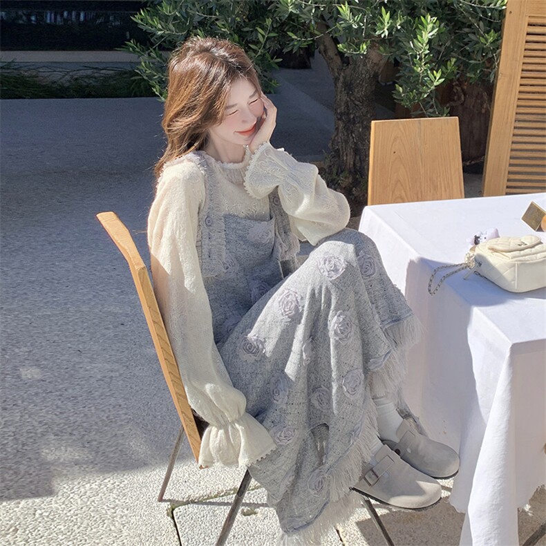 森系度假风背带连衣裙套装女2025春季新款超好看甜美小香风两件套,女装连衣裙,2C198