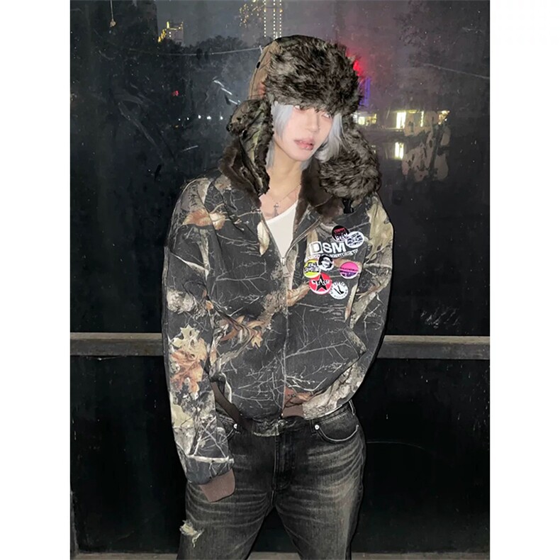网图有货美式复古迷彩连帽座山雕棉服男女加绒棉衣A1137-P155，男装棉衣，星座1505