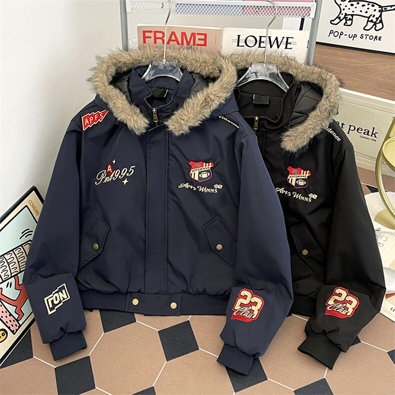 可脱卸帽毛领绣花开衫棉衣男女连帽长袖男装XZ212-1-QMY9053-P80，男装棉衣，星座212-1