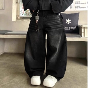 美式复古黑色弯刀牛仔裤男女款高街设计感宽松显瘦垂感阔腿裤子图片