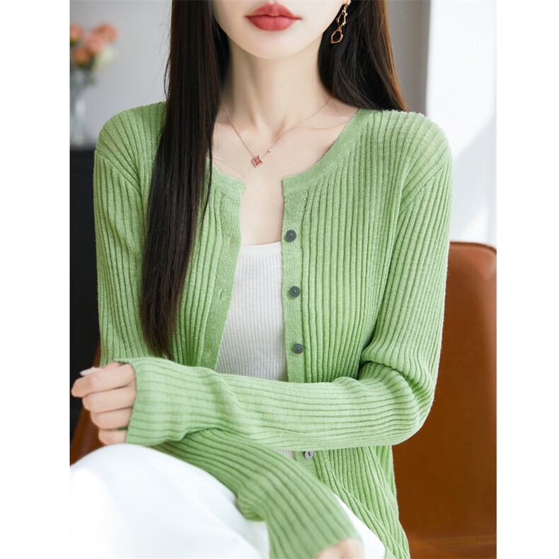 竹节麻圆领坑条开衫,女装T恤,暖娇绒包芯纱店