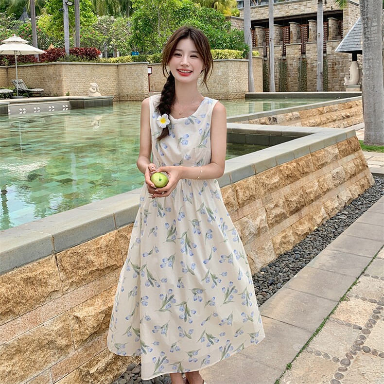 法式甜美碎花雪纺背心连衣裙女2025夏季新款韩版收腰显瘦桔梗长裙,女装连衣裙,C位