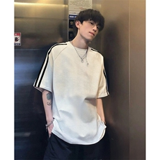 抖音得物高品质二开240克宽松纯棉美式潮牌三条杠织带短袖T恤，男装T恤，电商A486-1