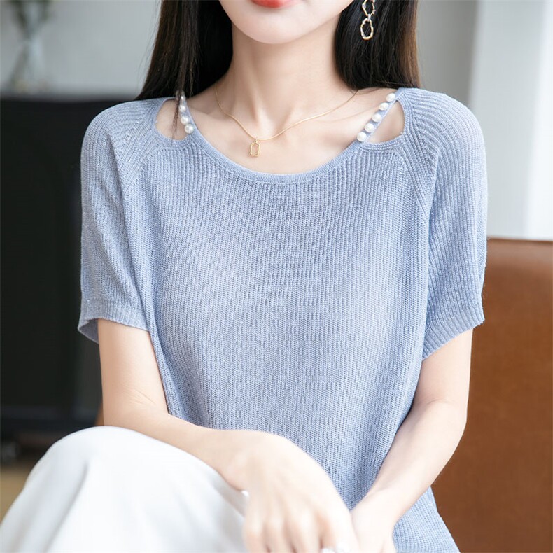 锁骨珍珠亮丝短袖冰丝面料短袖女,女装T恤,萱芳婷羊绒