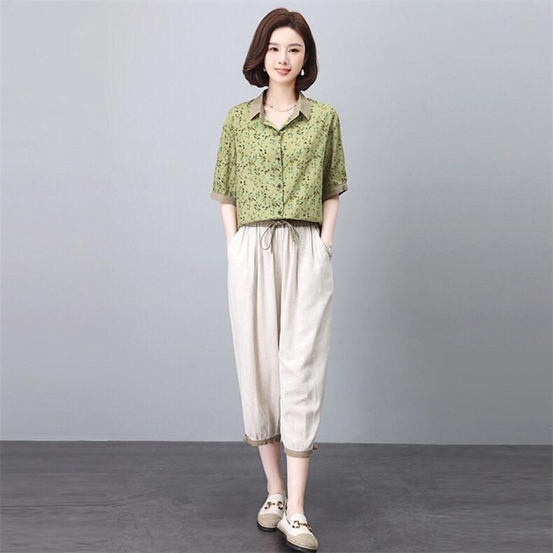 时尚夏季棉麻套装宽松显瘦两件套清新印花上衣配阔腿裤，女装套装/套裙，悦见她